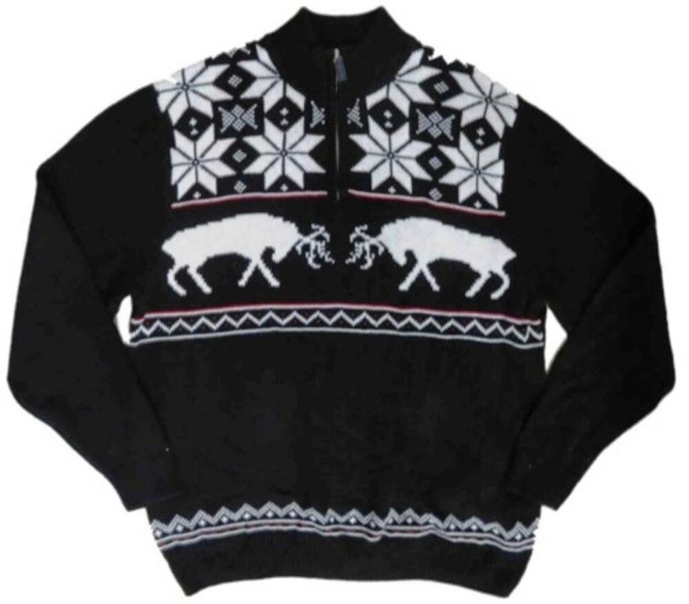 Chaps Mens Sweater Large Classic Fit Fair Isle Reindeer 1/4 Zip Nordic Sweater